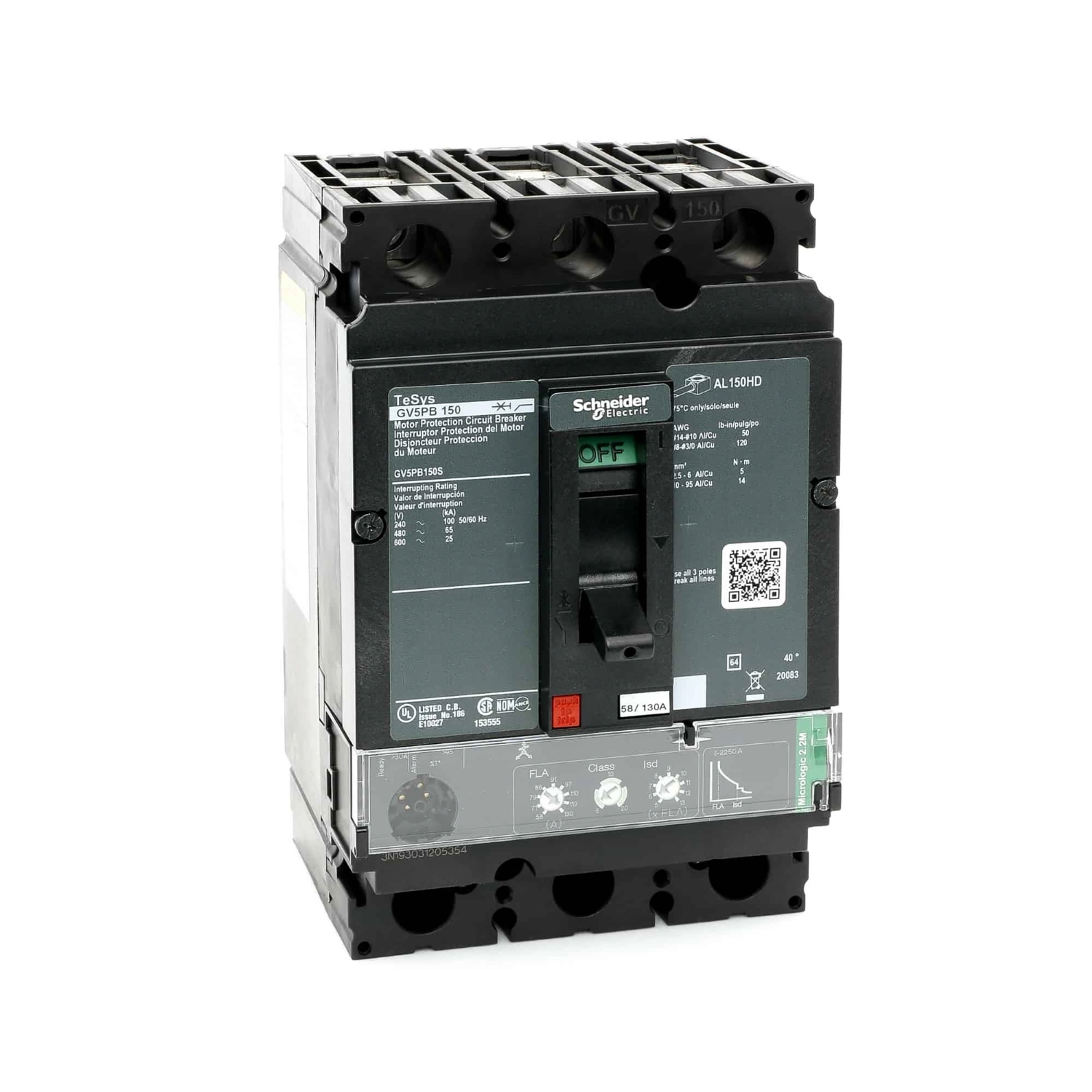 Motor circuit protector, TeSys GV5, 3 pole, 600VAC, max 150A rated, 25kA, unit mount
