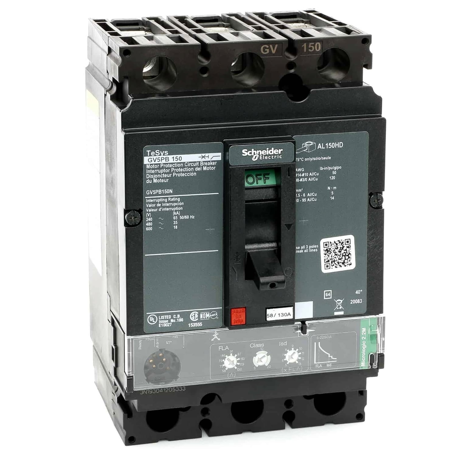Motor circuit breaker, TeSys GV5, 3P, 150A, 18kA SCCR, thermal magnetic