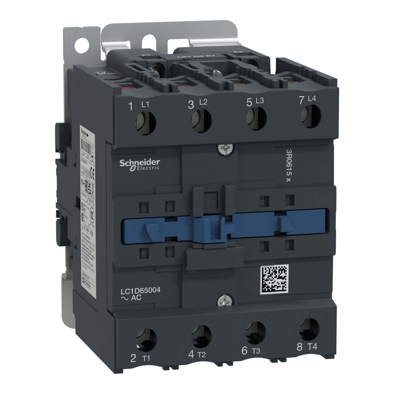 IEC contactor, TeSys D, nonreversing, 80A resistive, 4 pole, 4 NO, 120VAC 50/60Hz coil, open style