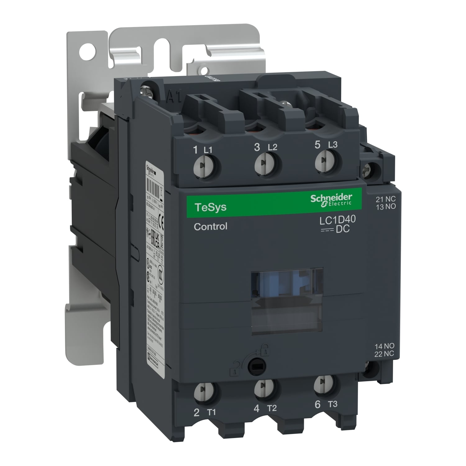 IEC contactor, TeSys D, nonreversing, 40A, 30HP at 480VAC, up to 100kA SCCR, 3 phase, 3 NO, 24VDC coil, open style