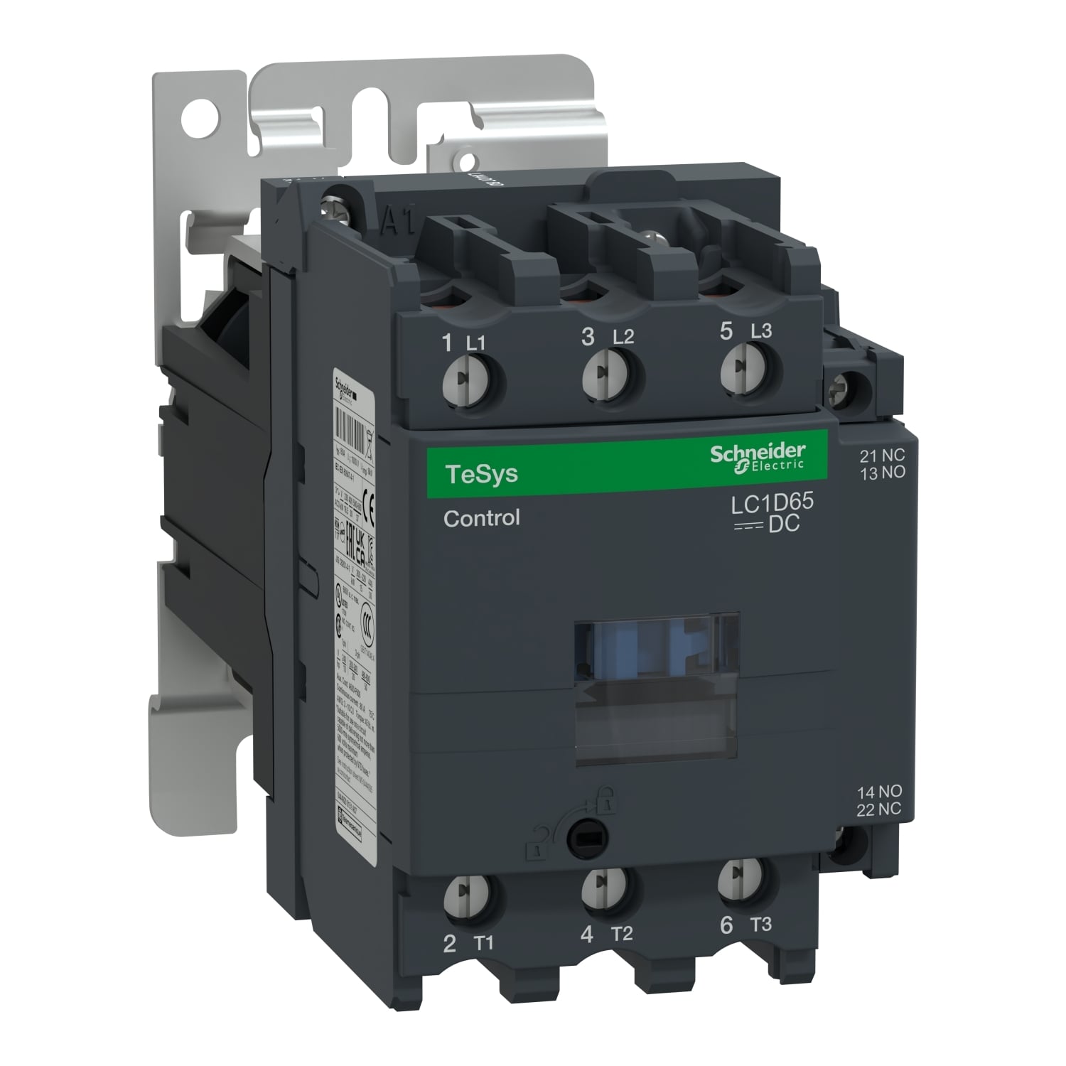 IEC contactor, TeSys D, nonreversing, 65A, 40HP at 480VAC, up to 100kA SCCR, 3 phase, 3 NO, 24VDC coil, open style