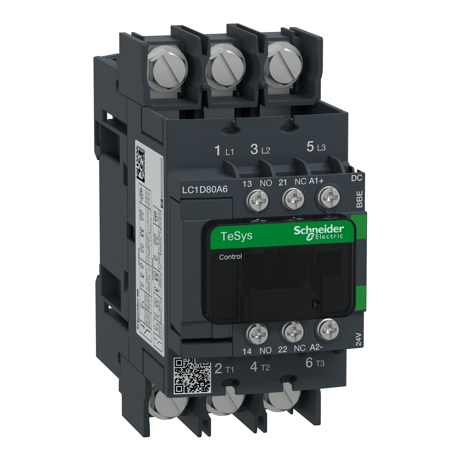 IEC contactor, TeSys Deca, nonreversing, 80A, 40HP at 480VAC, 3 phase, 3 pole, 3 NO, 24VDC coil, open style