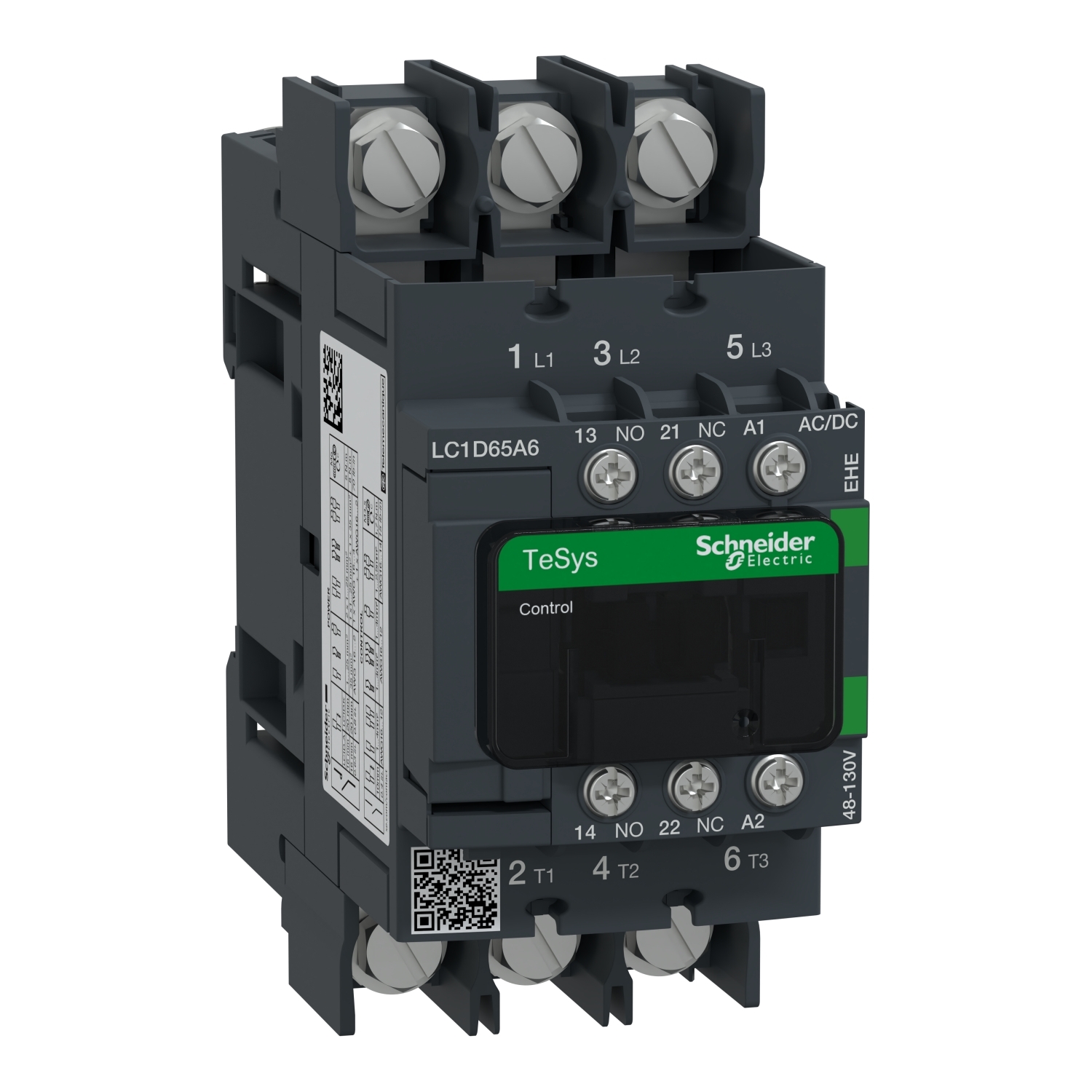 IEC contactor, TeSys Deca, nonreversing, 65A, 40HP at 480VAC, 3 phase, 3 pole, 3 NO, 130VAC/VDC coil, open style