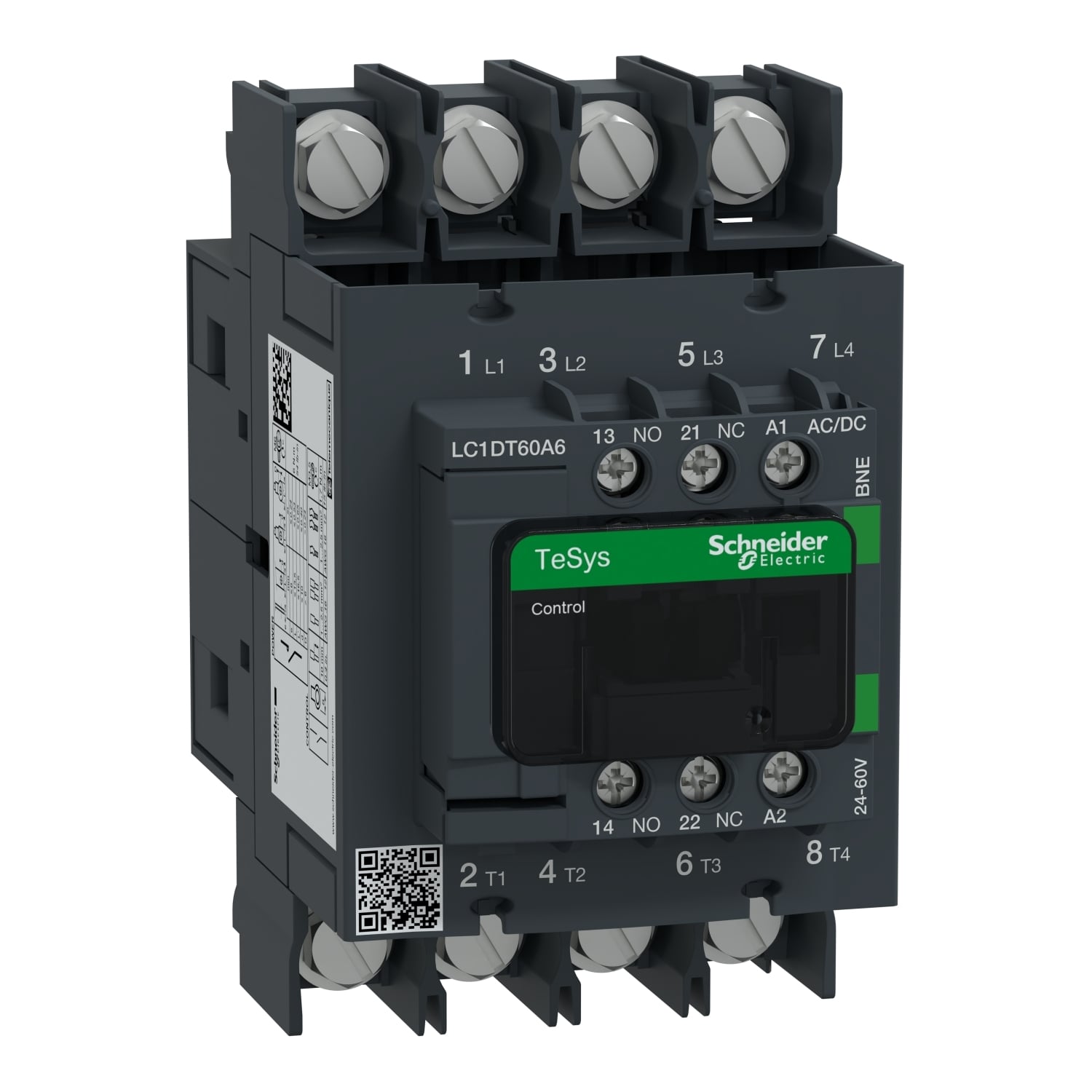 IEC contactor, TeSys Deca, nonreversing, 60A resistive, 4 pole, 4 NO, 24/60VAC/VDC coil, open style