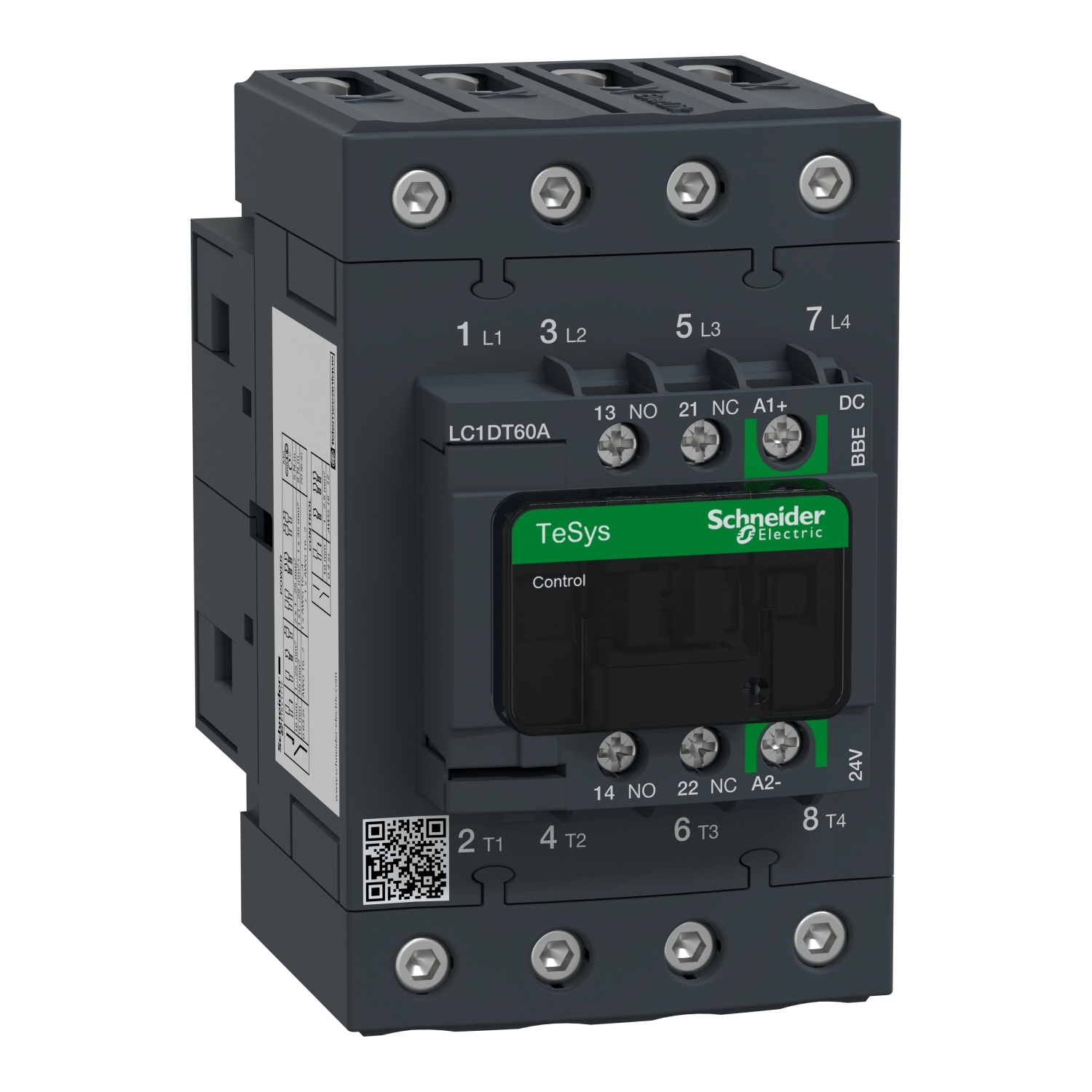 IEC contactor, TeSys Deca, nonreversing, 60A resistive, 4 pole, 4 NO, 24VDC coil, open style