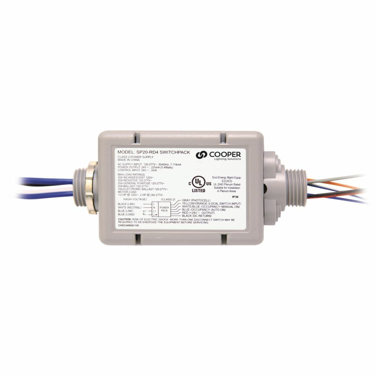 Switchpack, 120-230-277VAC, 50/60 Hz, provides 24VDC, 225mA output to low voltage occupancy sensors and daylight controls, 16-20A Loads.