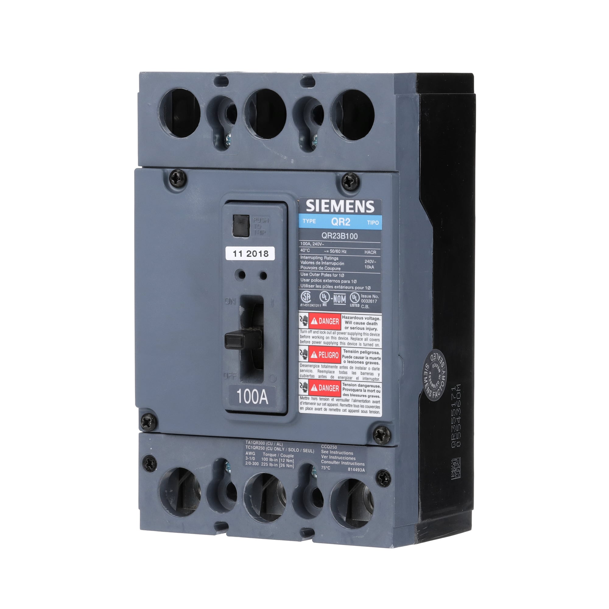  LOW VOLTAGE MOLDED CASE CIRCUIT BREAKER WITH THERMAL - MAGNETIC TRIP. QR FRAME STANDARD 40C BREAKER. 100A 3-POLE (10KA AT 240V). SPECIAL FEATURES NO LUGS INSTALLED.
