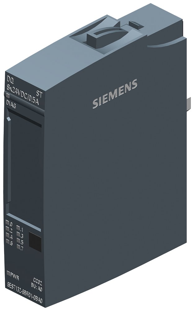 SIMATIC ET 200SP. Digital output module. DQ 8x 24V DC/0.5A Standard. Source output (PNP.P-switching) Packing unit 1 piece. fits to BU-type A0. Colour Code CC02. substitute value output. module diagnostics for short-circuit to L+ and ground. wire break. supply voltage