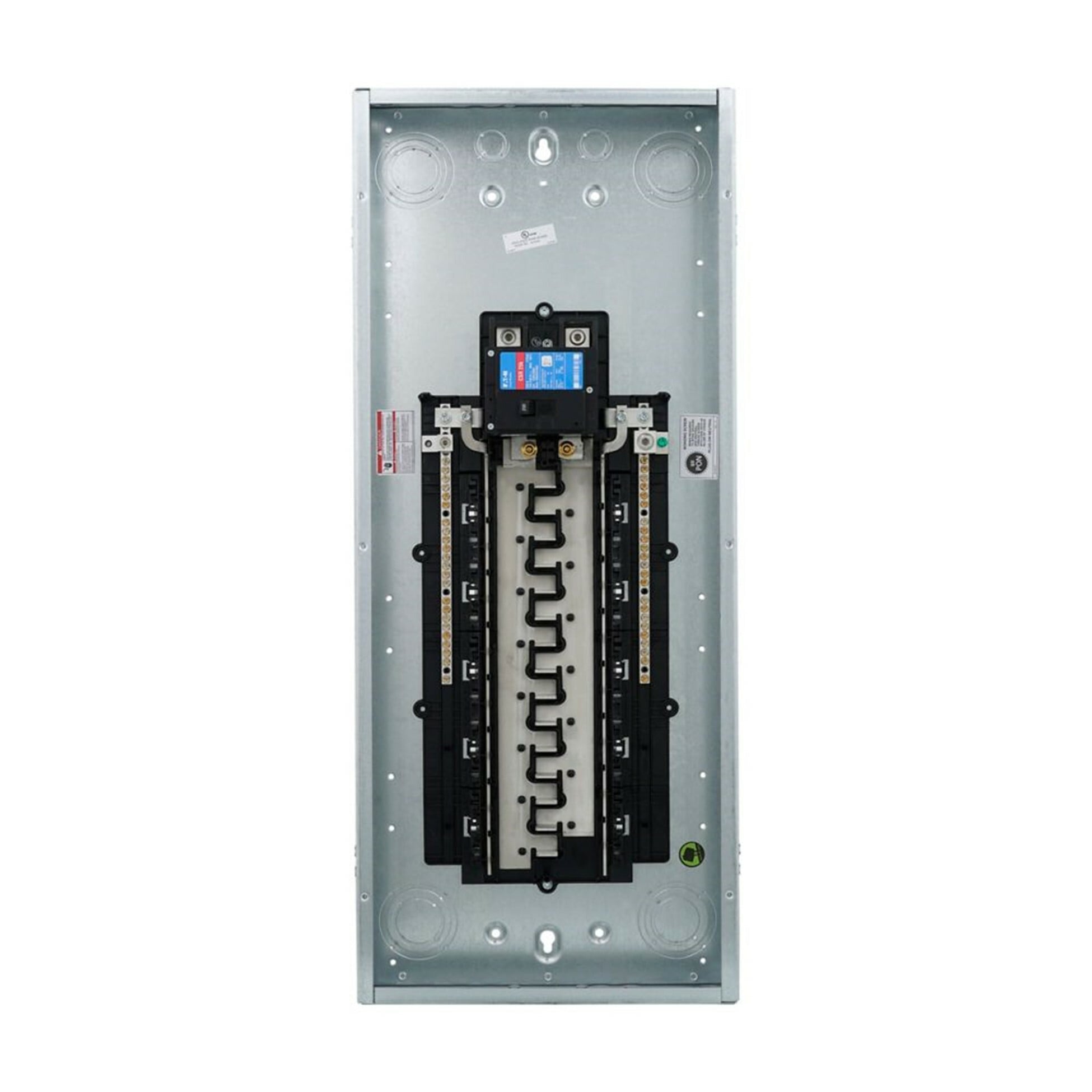 Eaton BR main breaker loadcenter, Ground bar, includes BREQS125 hold-down screw, Plug-on neutral main circuit breaker loadcenter, 200 A, X6, Aluminum, Cover included, NEMA 1, Metallic, 25 kAIC, CSR2200, 60 circuits, Single pole, 30 spaces