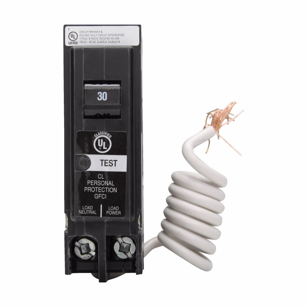 Eaton Classified 1" GFCI circuit breaker,Ground fault circuit breaker,30 A,10 kAIC,Single-pole,120/240 V,CLGF,Trip-to-center,Plug-on,#14-8 AWG,Ground fault circuit interrupter,GFI