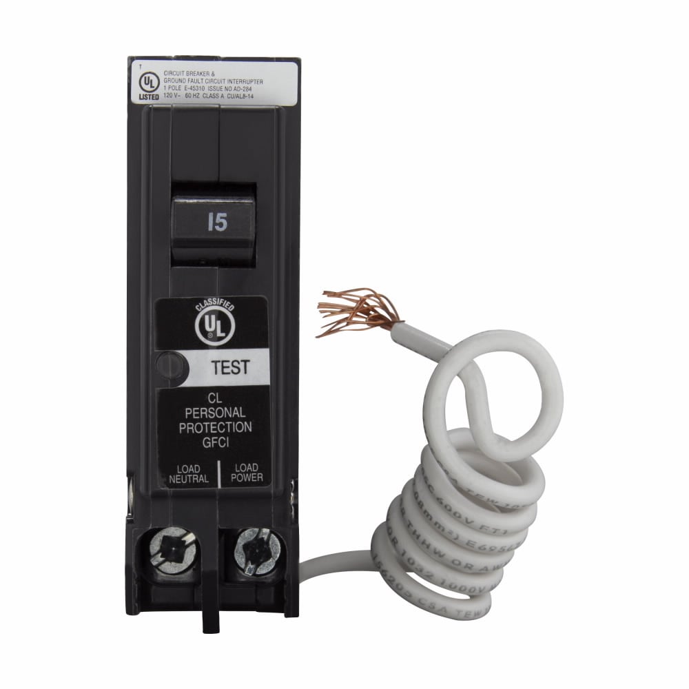 Eaton Classified 1" GFCI circuit breaker,Ground fault circuit breaker,15 A,10 kAIC,Single-pole,120/240 V,CLGF,Trip-to-center,Plug-on,#14-8 AWG,Ground fault circuit interrupter,GFI