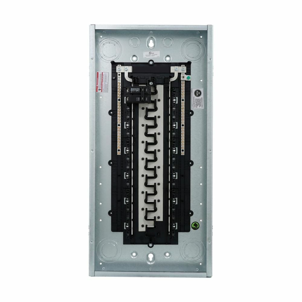Eaton BR main breaker loadcenter, Plug-on neutral main circuit breaker loadcenter, 125 A, Aluminum, Cover included, NEMA 1, Metallic, 10kAIC, BR2125, 60 circuits, Single pole, 30 spaces, Two hots, a neutral, and a ground, Single-phase