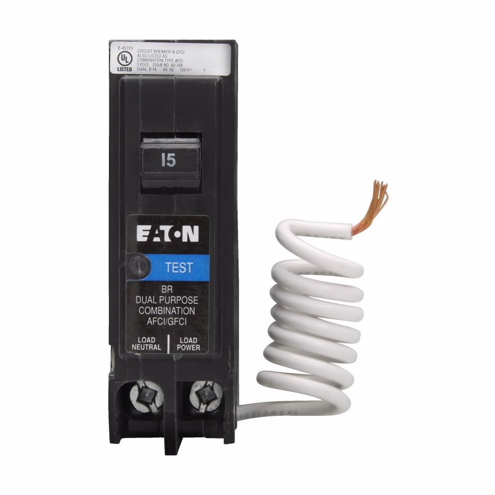 Eaton BR arc fault / ground fault circuit breaker, 15 A, 10 kAIC , Single-pole, UL only