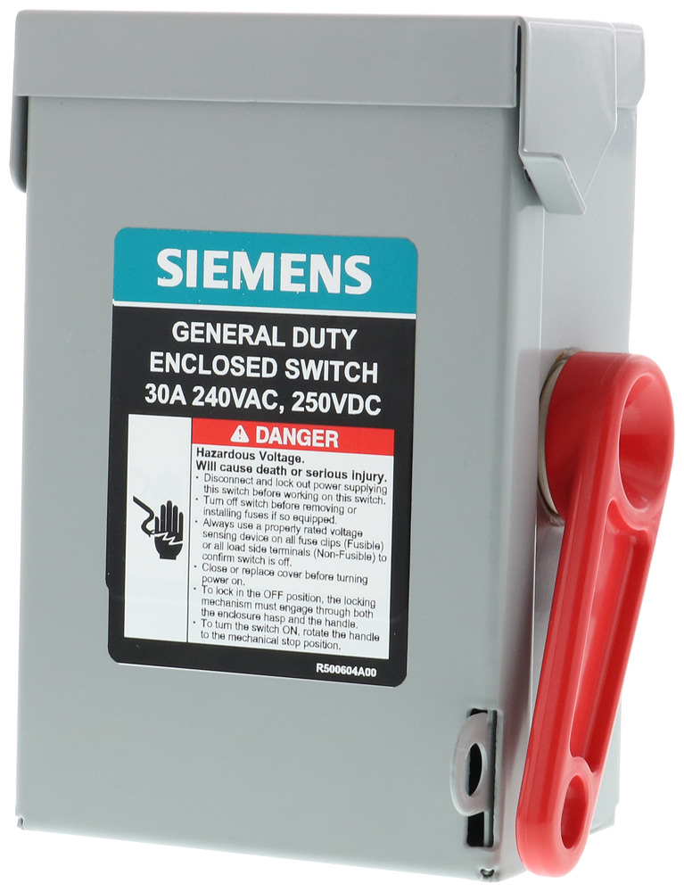  LOW VOLTAGE VBII DOUBLE-BREAK ENCLOSED SAFETY SWITCH. SERIES A 3-POLE 3-WIRE NON-FUSED GENERAL DUTY SWITCH. RATED 240V 30A. SPECIAL FEATURES NEMA TYPE 1 INDOOR ENCLOSURE.