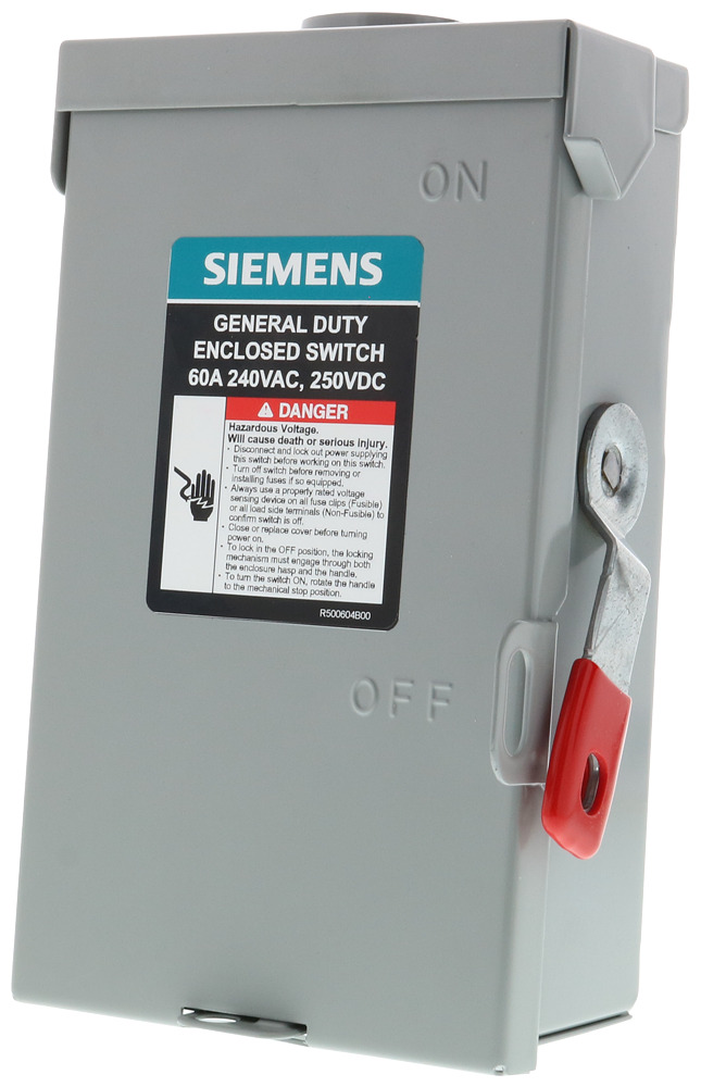  LOW VOLTAGE VBII DOUBLE-BREAK ENCLOSED SAFETY SWITCH. SERIES A 2-POLE 2-WIRE NON-FUSED GENERAL DUTY SWITCH. RATED 240V 60A. SPECIAL FEATURES NEMA TYPE 3R OUTDOOR ENCLOSURE.