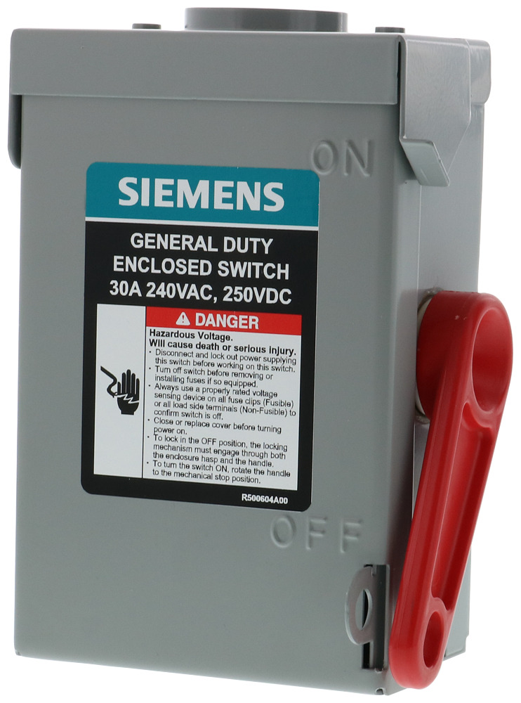  LOW VOLTAGE VBII DOUBLE-BREAK ENCLOSED SAFETY SWITCH. SERIES A 2-POLE 2-WIRE NON-FUSED GENERAL DUTY SWITCH. RATED 240V 30A. SPECIAL FEATURES NEMA TYPE 3R OUTDOOR ENCLOSURE.