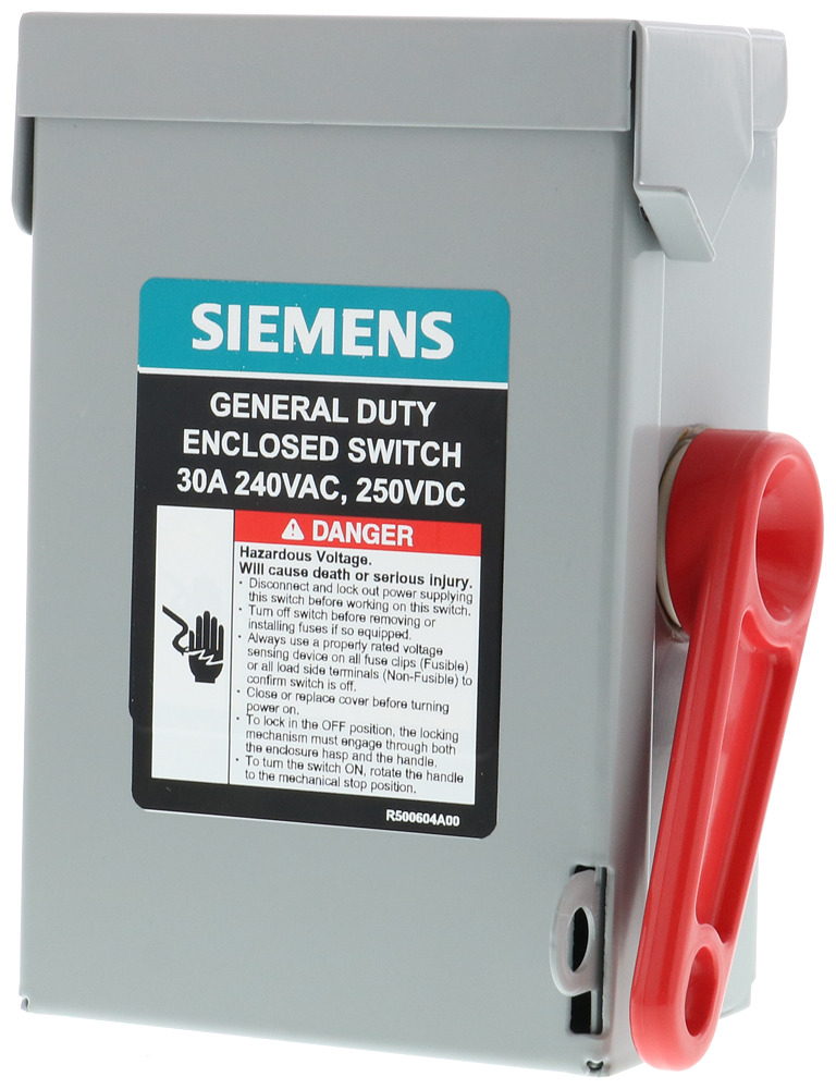  LOW VOLTAGE VBII DOUBLE-BREAK ENCLOSED SAFETY SWITCH. SERIES A 2-POLE 2-WIRE NON-FUSED GENERAL DUTY SWITCH. RATED 240V 30A. SPECIAL FEATURES NEMA TYPE 1 INDOOR ENCLOSURE.