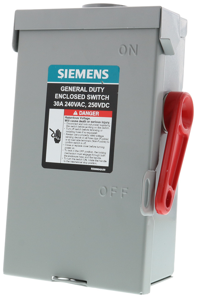  LOW VOLTAGE VBII DOUBLE-BREAK ENCLOSED SAFETY SWITCH. SERIES A 3-POLE 4-WIRE FUSED GENERAL DUTY SWITCH. RATED 240V 30A. SPECIAL FEATURES NEMA TYPE 3R OUTDOOR ENCLOSURE.