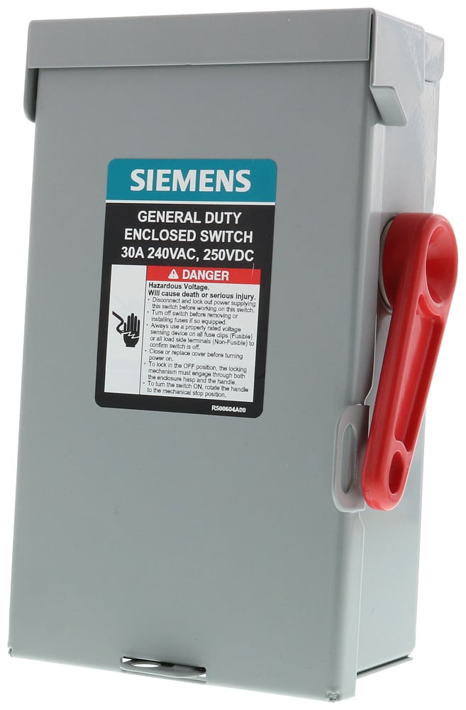  LOW VOLTAGE VBII DOUBLE-BREAK ENCLOSED SAFETY SWITCH. SERIES A 2-POLE 3-WIRE FUSED GENERAL DUTY SWITCH. RATED 240V 30A. SPECIAL FEATURES NEMA TYPE 1 INDOOR ENCLOSURE.