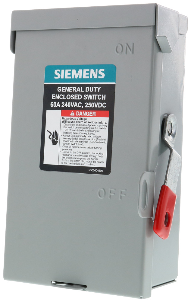  LOW VOLTAGE VBII DOUBLE-BREAK ENCLOSED SAFETY SWITCH. SERIES A LIGHT 2-POLE 2-WIRE NON-FUSED GENERAL DUTY. RATED 240V 60A. SPECIAL FEATURES NEMA TYPE 3R OUTDOOR ENCLOSURE.