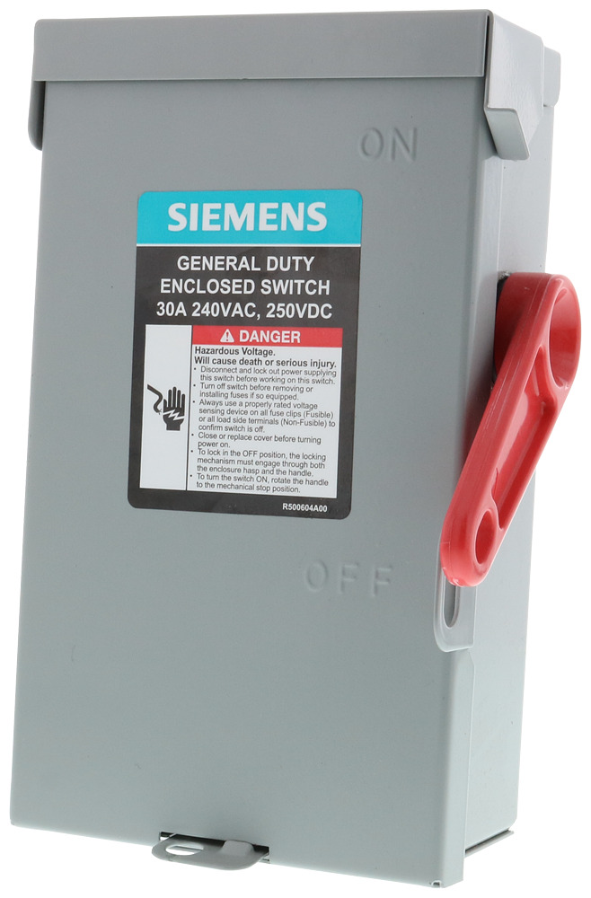  LOW VOLTAGE VBII DOUBLE-BREAK ENCLOSED SAFETY SWITCH. SERIES A 3-POLE 4-WIRE FUSED GENERAL DUTY SWITCH. RATED 240V 30A. SPECIAL FEATURES NEMA TYPE 1 INDOOR ENCLOSURE.