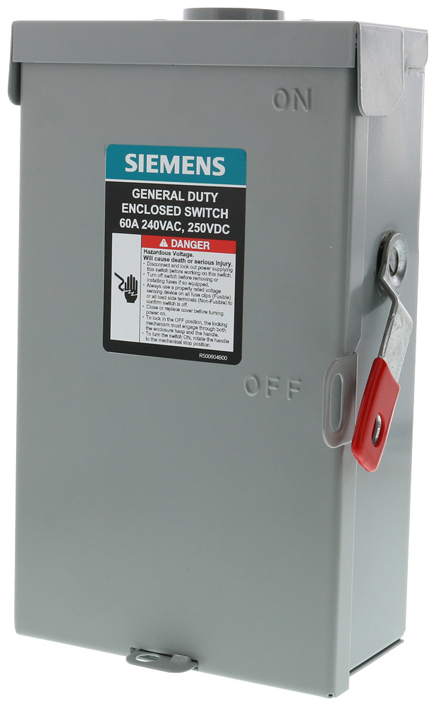  LOW VOLTAGE VBII DOUBLE-BREAK ENCLOSED SAFETY SWITCH. SERIES A 3-POLE 4-WIRE FUSED GENERAL DUTY SWITCH. RATED 240V 60A. SPECIAL FEATURES NEMA TYPE 3R OUTDOOR ENCLOSURE.