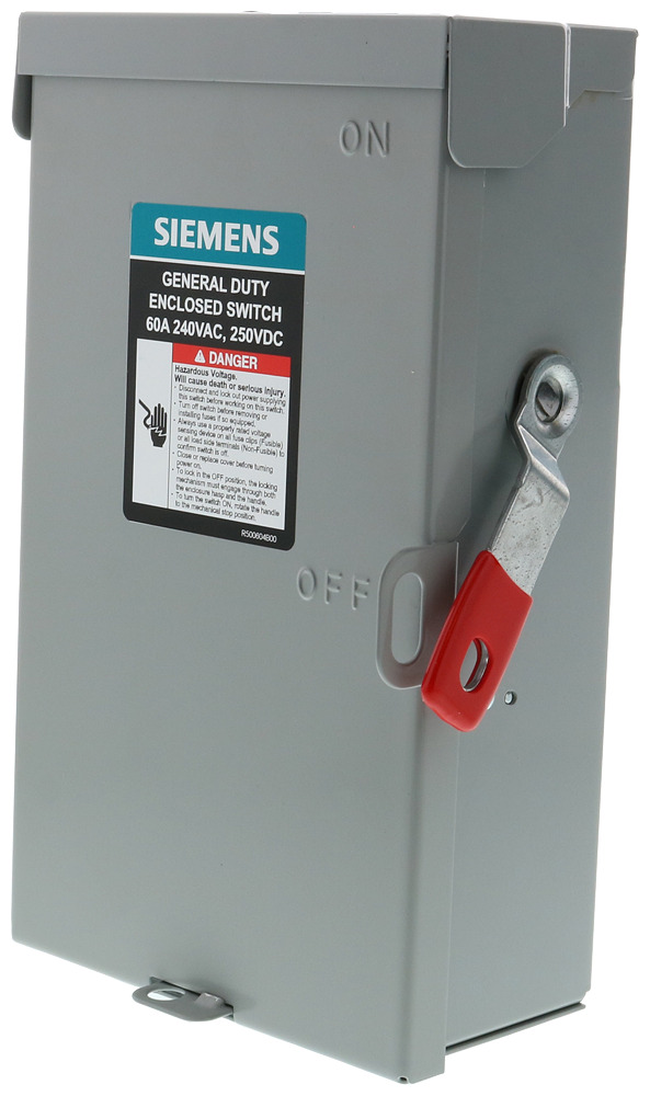  LOW VOLTAGE VBII DOUBLE-BREAK ENCLOSED SAFETY SWITCH. SERIES A 3-POLE 4-WIRE FUSED GENERAL DUTY SWITCH. RATED 240V 60A. SPECIAL FEATURES NEMA TYPE 1 INDOOR ENCLOSURE.