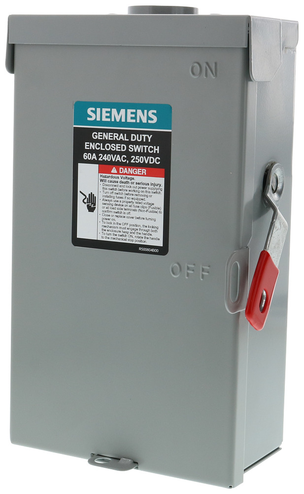  LOW VOLTAGE VBII DOUBLE-BREAK ENCLOSED SAFETY SWITCH. SERIES A 2-POLE 3-WIRE FUSED GENERAL DUTY SWITCH. RATED 240V 60A. SPECIAL FEATURES NEMA TYPE 3R OUTDOOR ENCLOSURE.