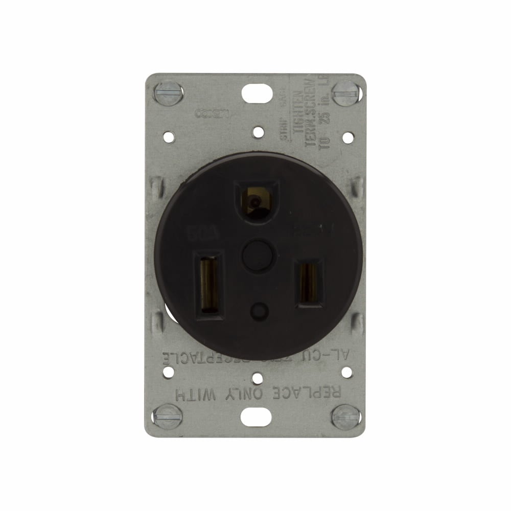 Eaton power device receptacle, Short strap, #12 - 4 AWG, 50A, Flush, 125V, Back, Black, NEMA 6-50R, Two-pole, Three-wire, Two-pole, three-wire, grounding, Screw, Glass-filled nylon, Power, Used with A42