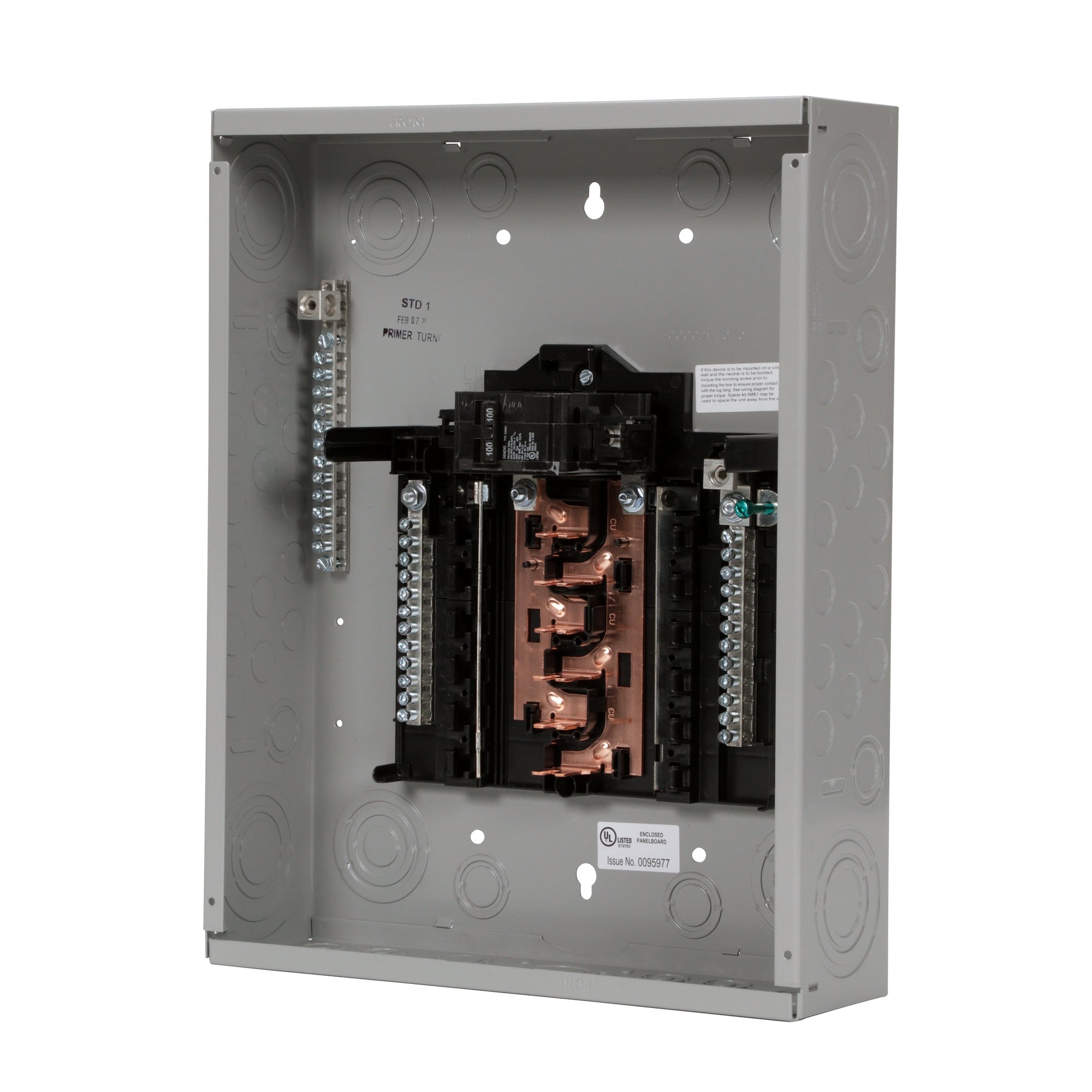  LOW VOLTAGE PLUG-ON NEUTRAL READY PRO SERIES ASSEMBLED LOAD CENTER. MAIN BREAKER WITH 12 1-INCH SPACES ALLOWING MAX 24 CIRCUITS. 1-PHASE 3-WIRE SYSTEM RATED 120/240V (100A) 22KAIC. SPECIAL FEATURES COPPER BUS, GREY TRIM NEMA TYPE 1ENCLOSURE FOR INDOOR USE.