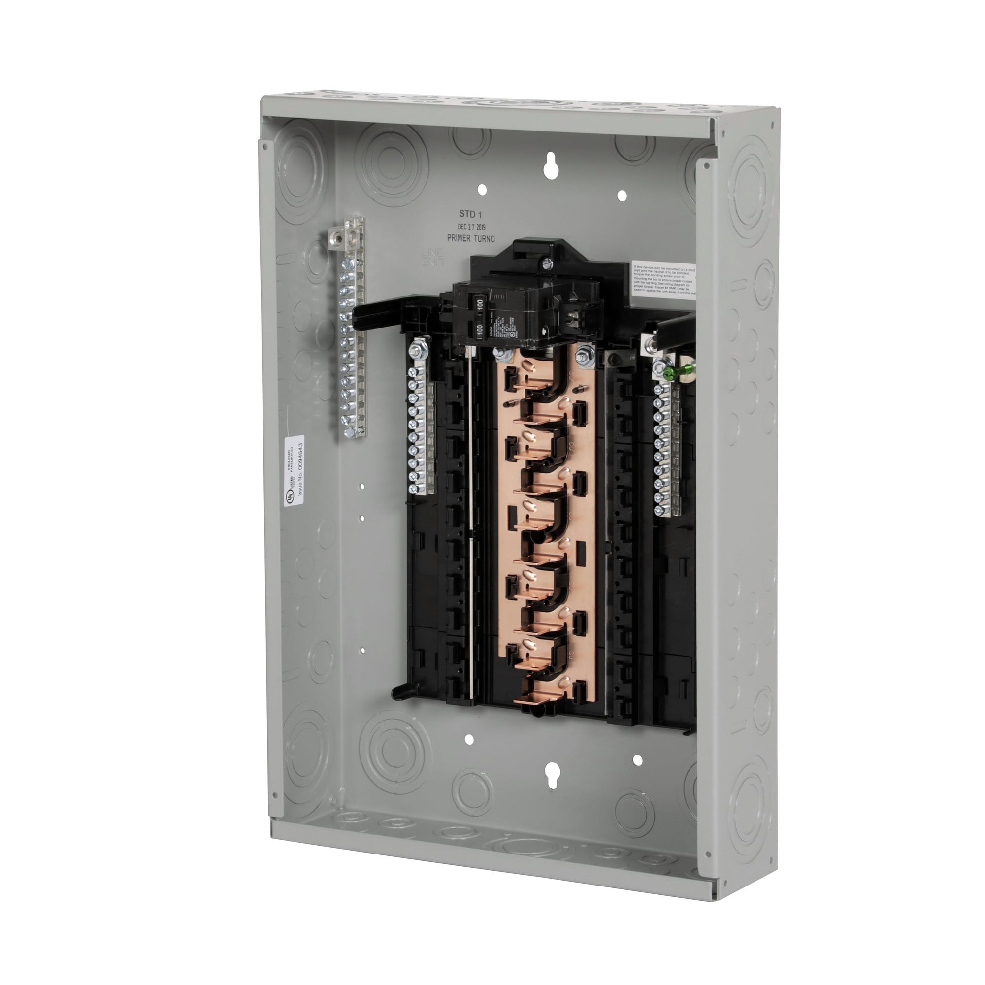 LOW VOLTAGE PLUG-ON NEUTRAL READY PRO SERIES ASSEMBLED LOAD CENTER. MAIN BREAKER WITH 20 1-INCH SPACES ALLOWING MAX 20 CIRCUITS. 1-PHASE 3-WIRE SYSTEM RATED 120/240V (100A) 22KAIC. SPECIAL FEATURES COPPER BUS, GREY TRIM NEMA TYPE 1ENCLOSURE FOR INDOOR USE.