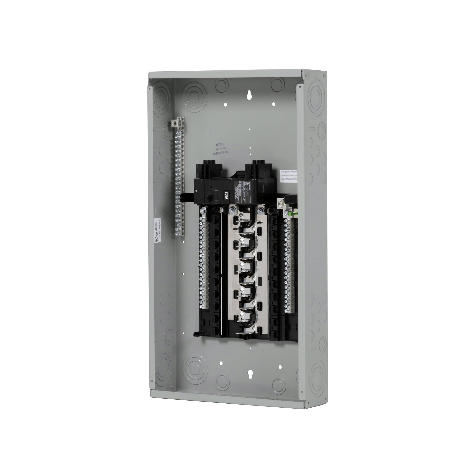  LOW VOLTAGE PLUG-ON NEUTRAL READY PRO SERIES ASSEMBLED LOAD CENTER. MAIN BREAKER WITH 20 1-INCH SPACES ALLOWING MAX 40 CIRCUITS. 1-PHASE 3-WIRE SYSTEM RATED 120/240V (200A) 22KAIC. SPECIAL FEATURES COPPER BUS, GREY TRIM NEMA TYPE 1ENCLOSURE FOR INDOOR USE.