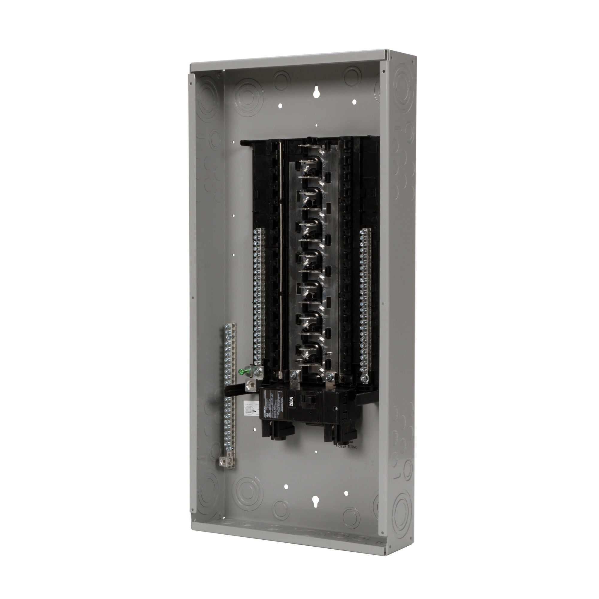  LOW VOLTAGE PLUG-ON NEUTRAL READY PRO SERIES ASSEMBLED LOAD CENTER. MAIN BREAKER WITH 30 1-INCH SPACES ALLOWING MAX 48 CIRCUITS. 1-PHASE 3-WIRE SYSTEM RATED 120/240V (200A) 22KAIC. SPECIAL FEATURES COPPER BUS, GREY TRIM NEMA TYPE 1ENCLOSURE FOR INDOOR USE.