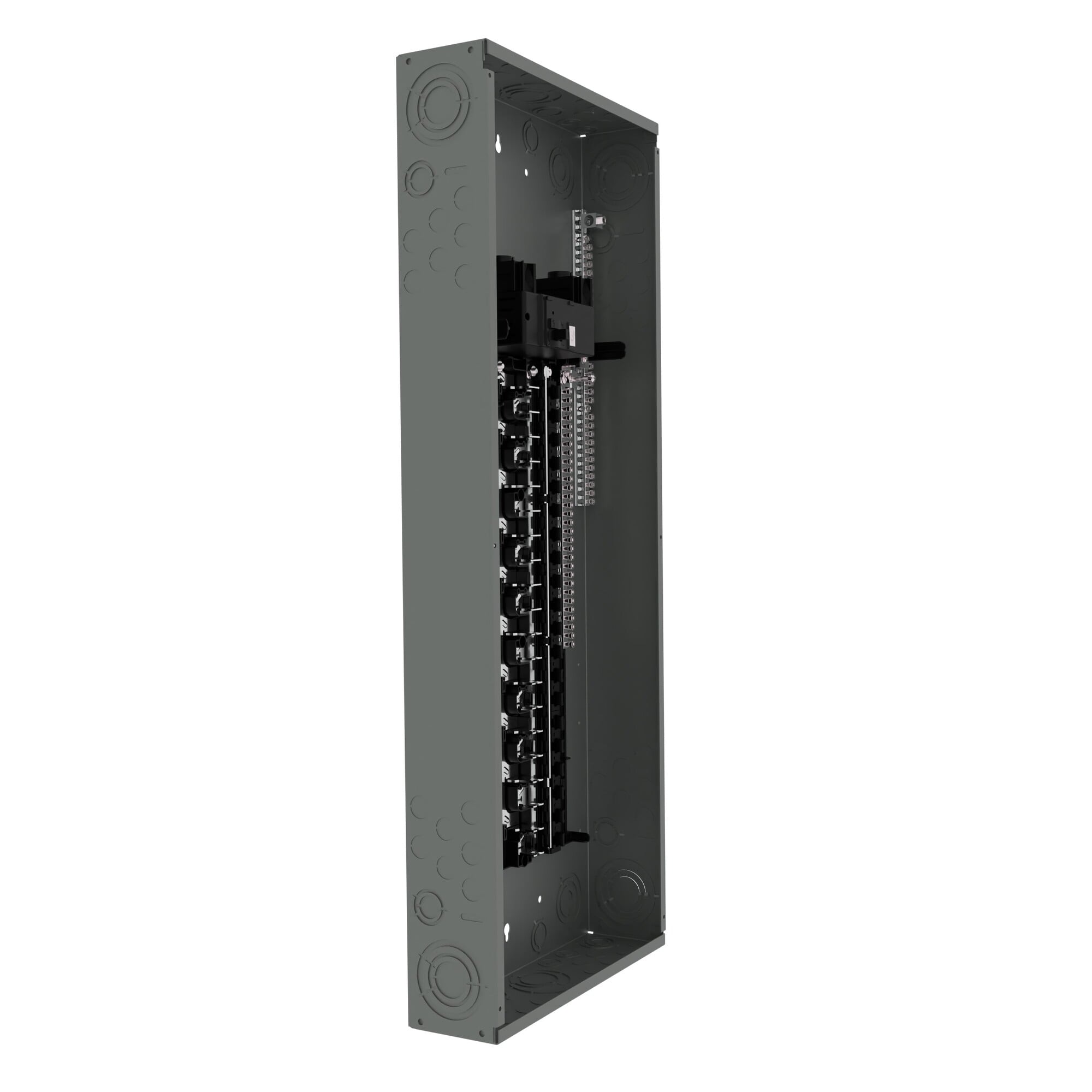  LOW VOLTAGE PLUG-ON NEUTRAL READY PRO SERIES ASSEMBLED LOAD CENTER. MAIN BREAKER WITH 40 1-INCH SPACES ALLOWING MAX 60 CIRCUITS. 1-PHASE 3-WIRE SYSTEM RATED 120/240V (200A) 22KAIC. SPECIAL FEATURES COPPER BUS, GREY TRIM NEMA TYPE 1ENCLOSURE FOR INDOOR USE.