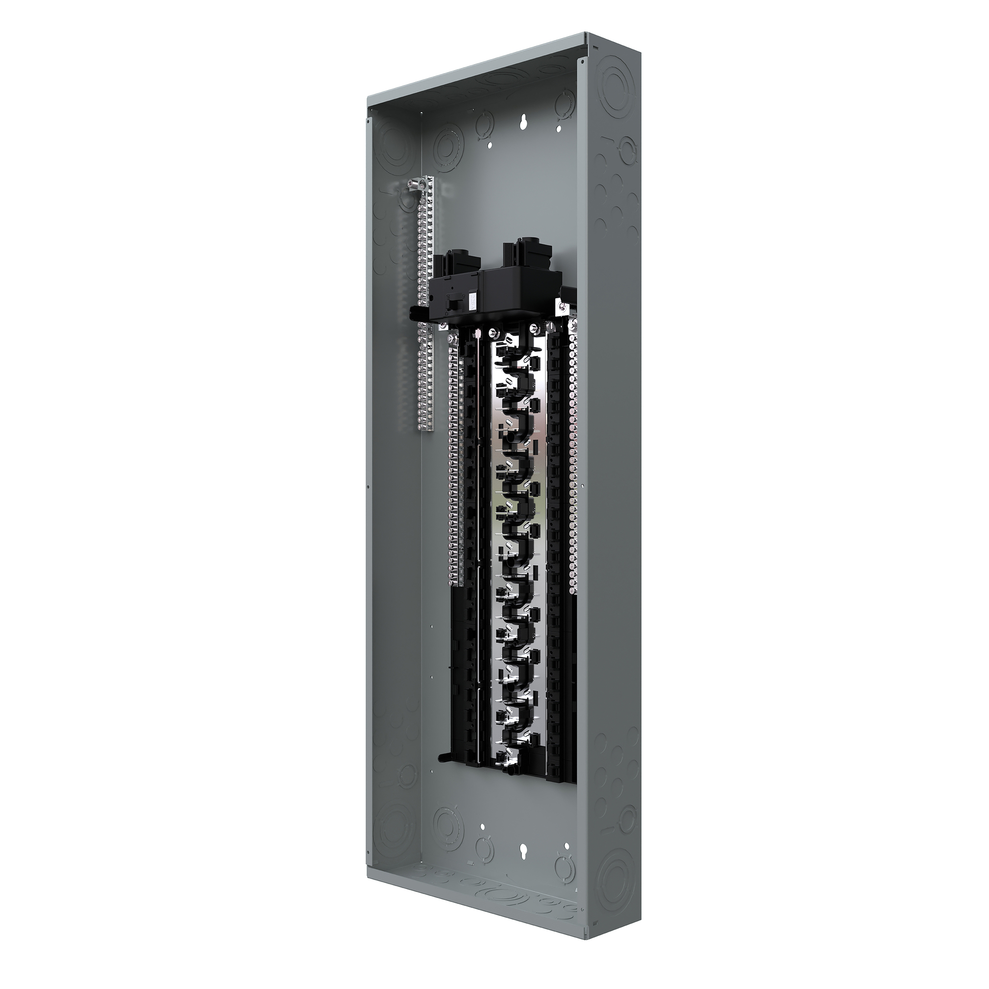  LOW VOLTAGE PLUG-ON NEUTRAL READY PRO SERIES ASSEMBLED LOAD CENTER. MAIN BREAKER WITH 42 1-INCH SPACES ALLOWING MAX 64 CIRCUITS. 1-PHASE 3-WIRE SYSTEM RATED 120/240V (225A) 22KAIC. SPECIAL FEATURES COPPER BUS, GREY TRIM NEMA TYPE 1ENCLOSURE FOR INDOOR USE.