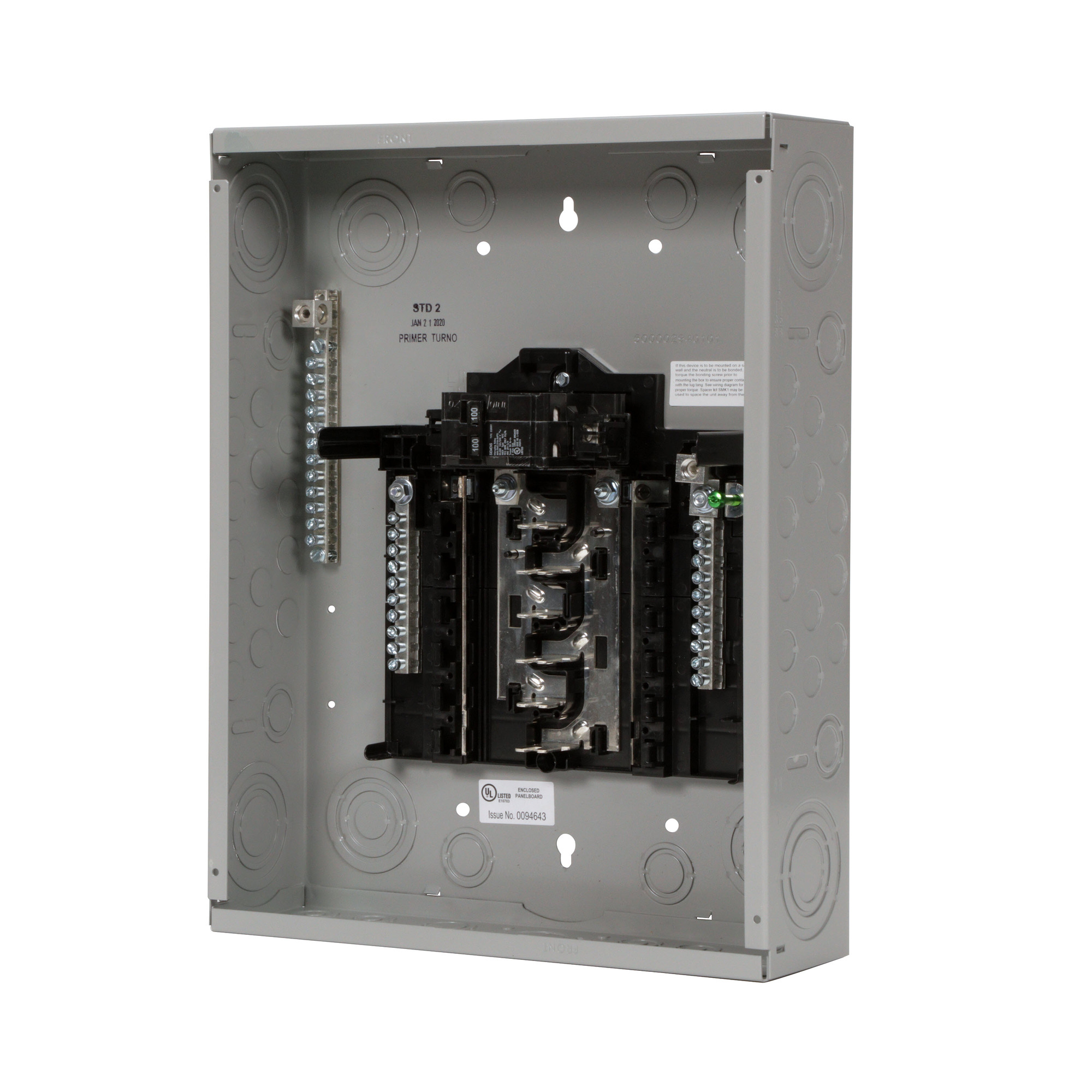  LOW VOLTAGE PLUG-ON NEUTRAL READY STANDARD SERIES ASSEMBLED LOAD CENTER. MAIN BREAKER WITH 12 1-INCH SPACES ALLOWING MAX 24 CIRCUITS. 1-PHASE 3-WIRE SYSTEM RATED 120/240V (100A) 22KAIC. SPECIAL FEATURES ALUMINUM BUS, GREY TRIM NEMATYPE 1 ENCLOSURE FOR INDOOR USE.