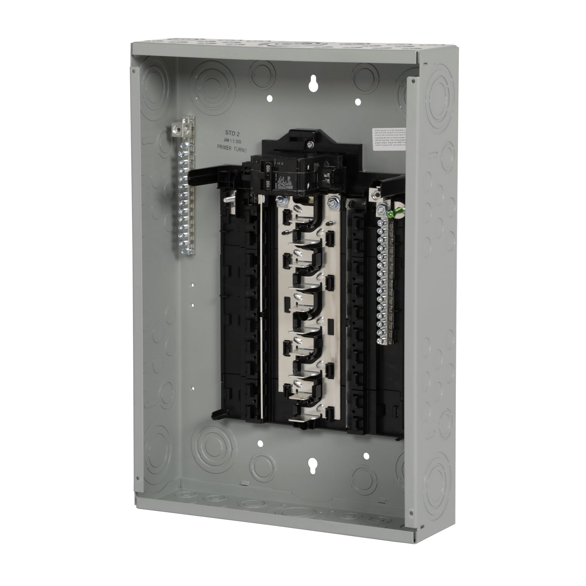  LOW VOLTAGE PLUG-ON NEUTRAL READY STANDARD SERIES ASSEMBLED LOAD CENTER. MAIN BREAKER WITH 20 1-INCH SPACES ALLOWING MAX 20 CIRCUITS. 1-PHASE 3-WIRE SYSTEM RATED 120/240V (100A) 22KAIC. SPECIAL FEATURES ALUMINUM BUS, GREY TRIM NEMATYPE 1 ENCLOSURE FOR INDOOR USE.