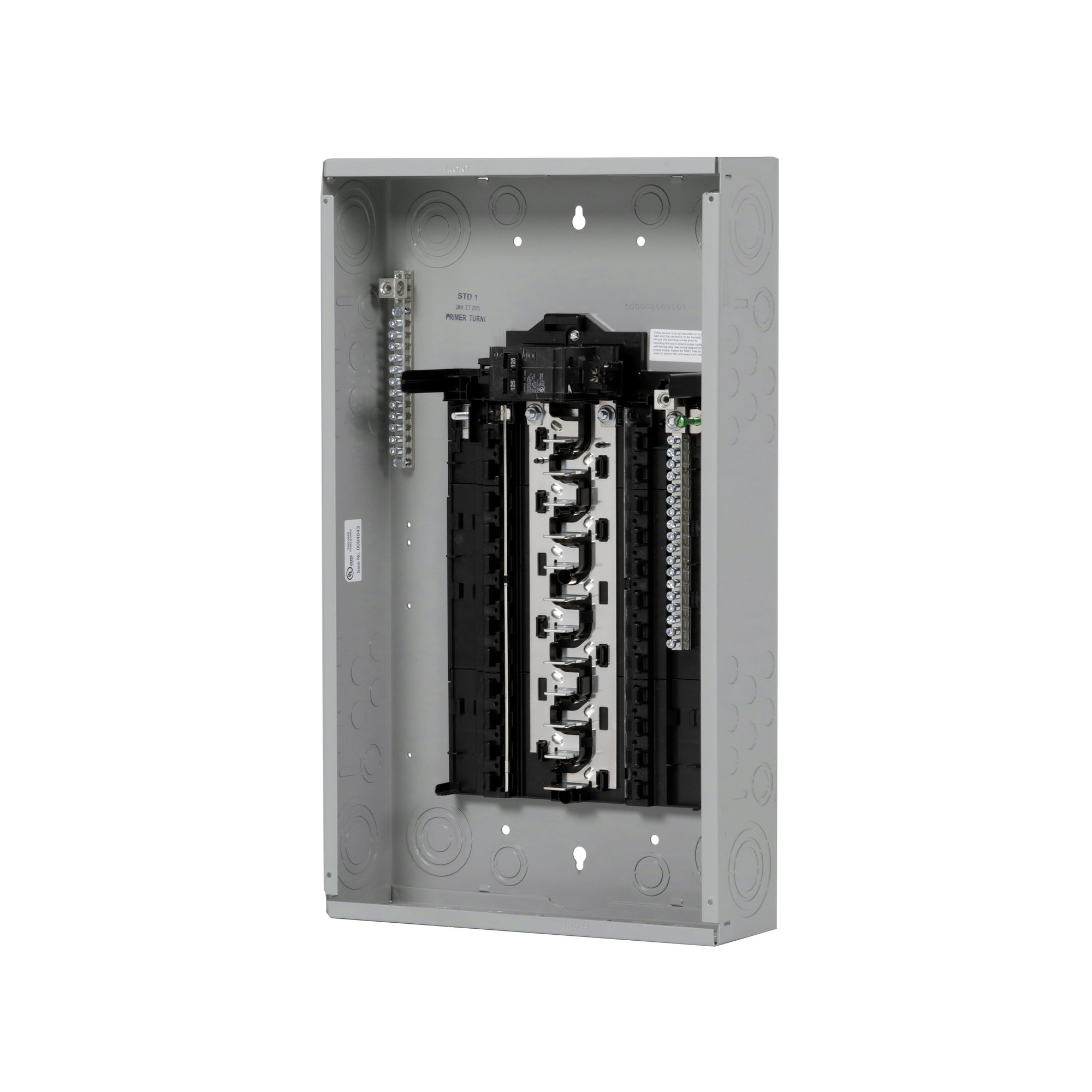  LOW VOLTAGE PLUG-ON NEUTRAL READY STANDARD SERIES ASSEMBLED LOAD CENTER. MAIN BREAKER WITH 24 1-INCH SPACES ALLOWING MAX 24 CIRCUITS. 1-PHASE 3-WIRE SYSTEM RATED 120/240V (125A) 22KAIC. SPECIAL FEATURES ALUMINUM BUS, GREY TRIM NEMATYPE 1 ENCLOSURE FOR INDOOR USE.