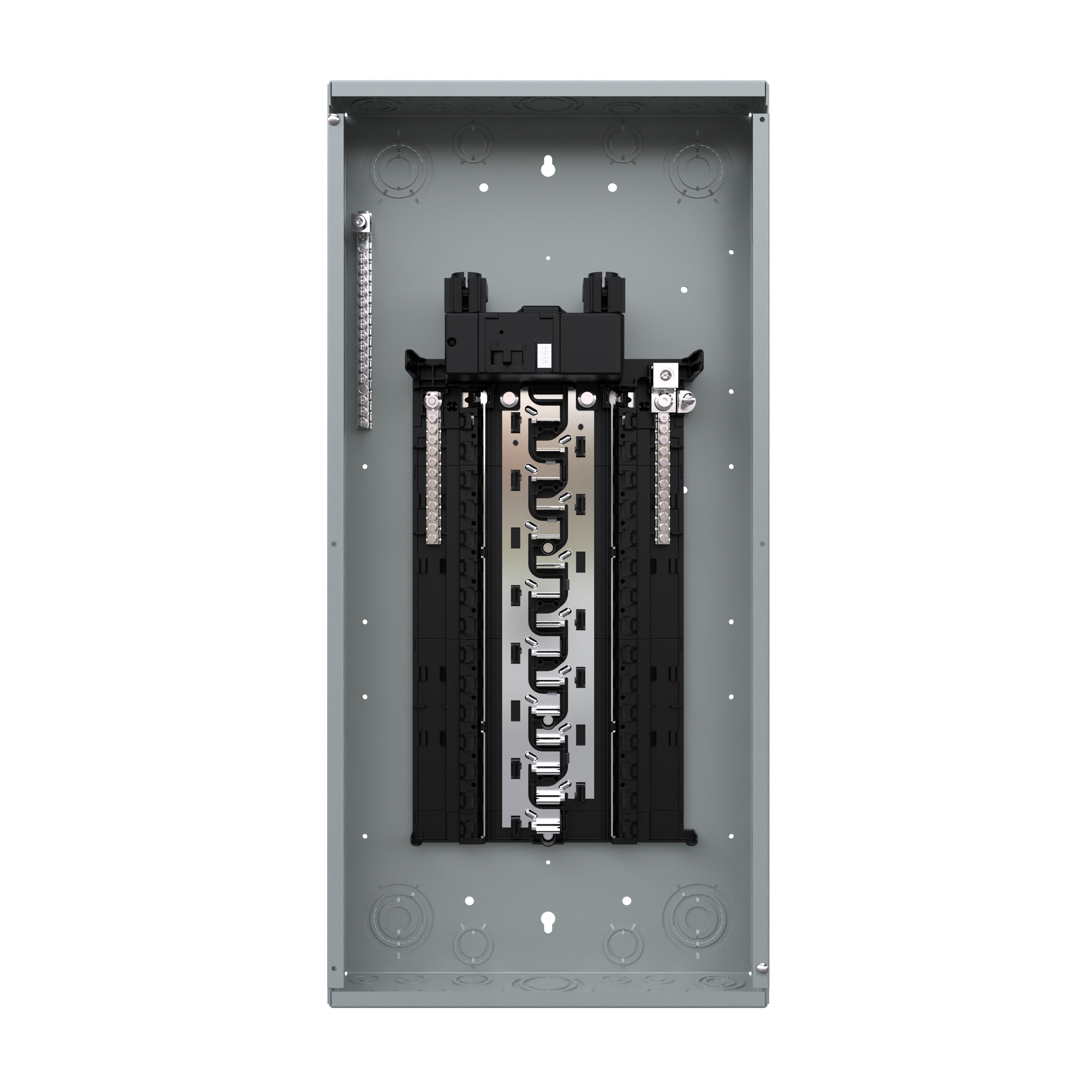  LOW VOLTAGE PLUG-ON NEUTRAL READY STANDARD SERIES ASSEMBLED LOAD CENTER. MAIN BREAKER WITH 30 1-INCH SPACES ALLOWING MAX 30 CIRCUITS. 1-PHASE 3-WIRE SYSTEM RATED 120/240V (150A) 22KAIC. SPECIAL FEATURES ALUMINUM BUS, GREY TRIM NEMATYPE 1 ENCLOSURE FOR INDOOR USE.