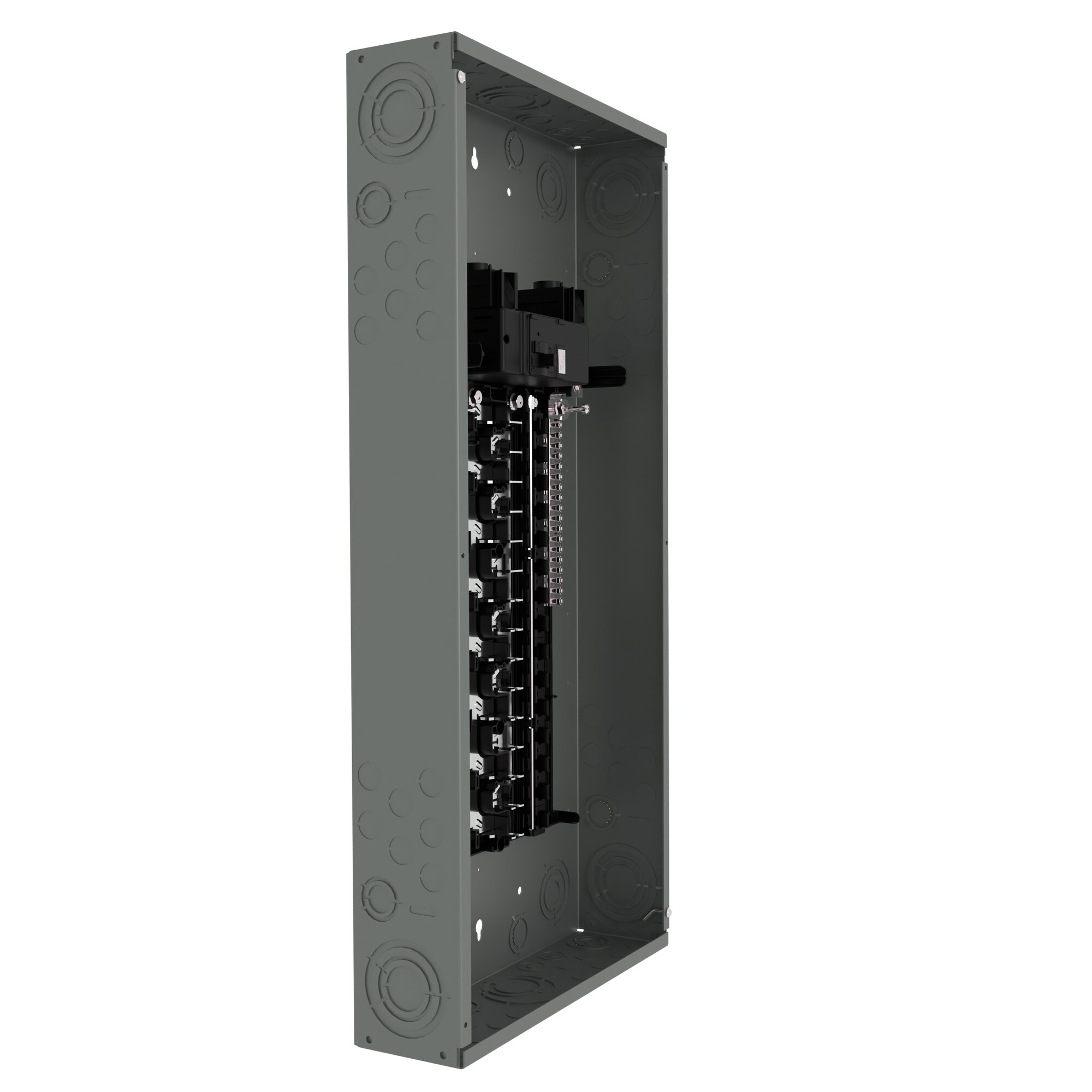  LOW VOLTAGE PLUG-ON NEUTRAL READY STANDARD SERIES ASSEMBLED LOAD CENTER. MAIN BREAKER WITH 30 1-INCH SPACES ALLOWING MAX 48 CIRCUITS. 1-PHASE 3-WIRE SYSTEM RATED 120/240V (200A) 22KAIC. SPECIAL FEATURES ALUMINUM BUS, GREY TRIM NEMATYPE 1 ENCLOSURE FOR INDOOR USE.