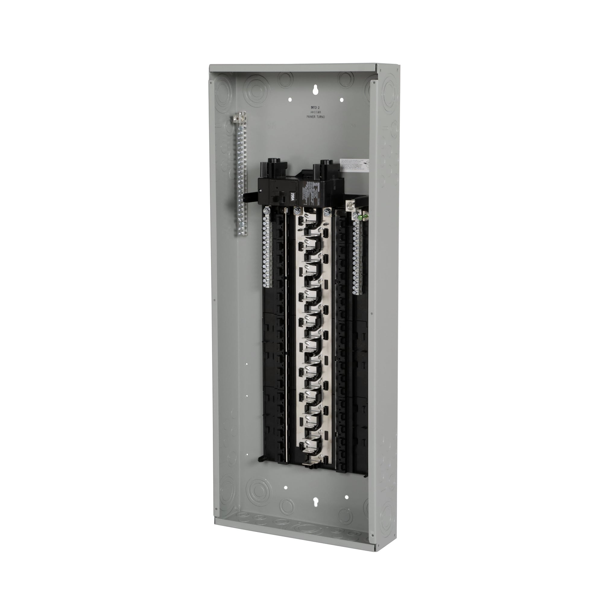  LOW VOLTAGE PLUG-ON NEUTRAL READY STANDARD SERIES ASSEMBLED LOAD CENTER. MAIN BREAKER WITH 40 1-INCH SPACES ALLOWING MAX 40 CIRCUITS. 1-PHASE 3-WIRE SYSTEM RATED 120/240V (200A) 22KAIC. SPECIAL FEATURES ALUMINUM BUS, GREY TRIM NEMATYPE 1 ENCLOSURE FOR INDOOR USE.