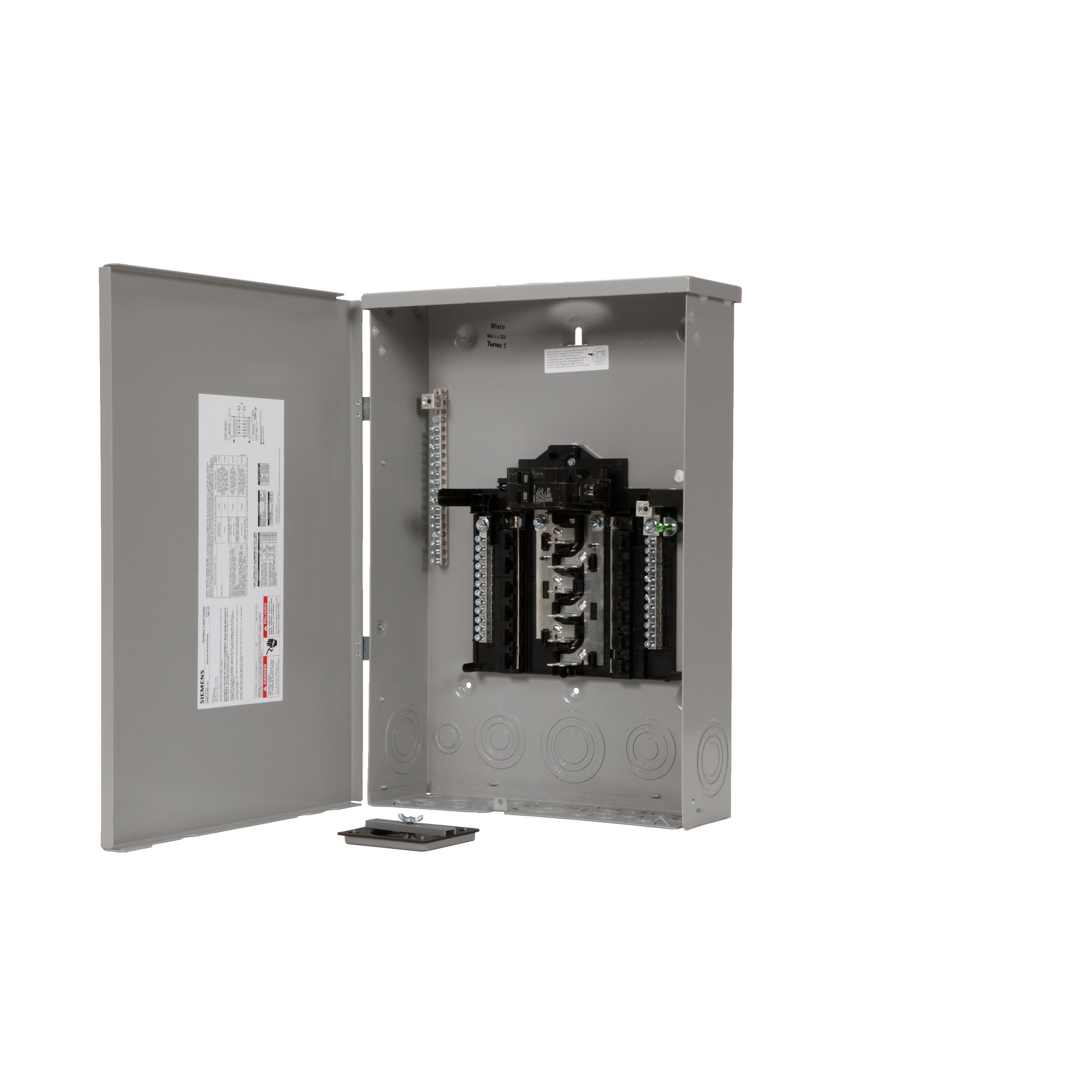  LOW VOLTAGE PLUG-ON NEUTRAL READY STANDARD SERIES ASSEMBLED LOAD CENTER. MAIN BREAKER WITH 12 1-INCH SPACES ALLOWING MAX 24 CIRCUITS. 1-PHASE 3-WIRE SYSTEM RATED 120/240V (100A) 22KAIC. SPECIAL FEATURES ALUMINUM BUS, GREY TRIM NEMATYPE 3R ENCLOSURE FOR OUTDOOR USE.