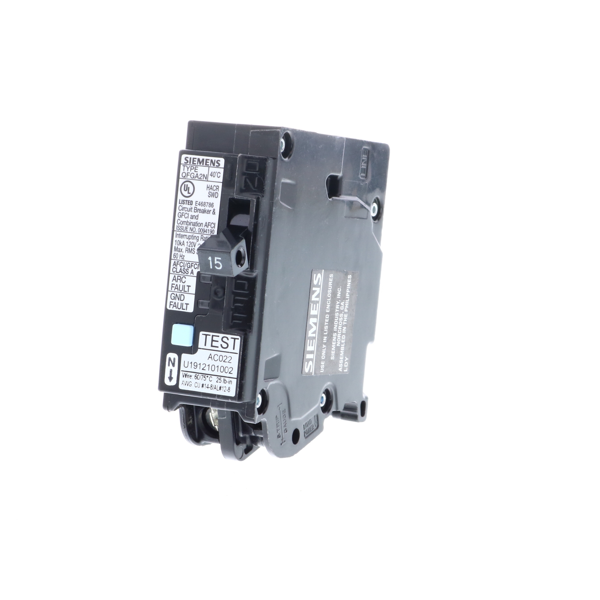  LOW VOLTAGE PLUG-IN CIRCUIT BREAKER. 15A 1-POLE (10kA AT 120V) DUAL FUNCTION ARC-FAULT/GROUND-FAULT TYPE QFGA2N BREAKER.