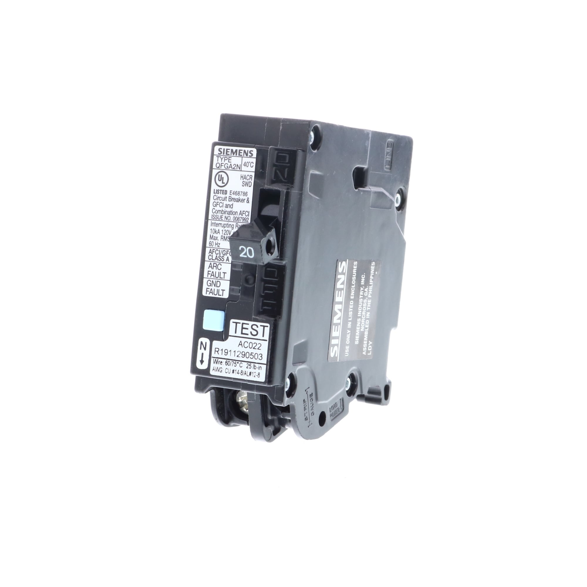 SIEMENS LOW VOLTAGE PLUG-IN CIRCUIT BREAKER. 20A 1-POLE (10kA AT 120V) DUAL FUNCTION ARC-FAULT/GROUND-FAULT TYPE QFGA2N BREAKER.