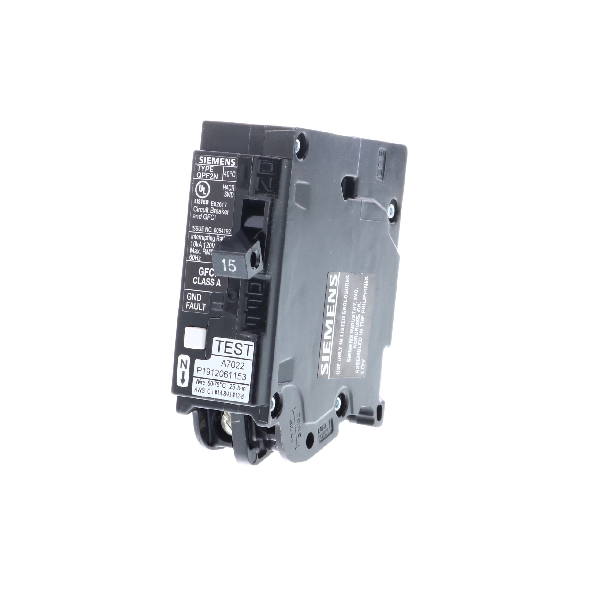  LOW VOLTAGE PLUG-IN CIRCUIT BREAKER. 15A 1-POLE (10kA AT 120V) PERSONELPROTECTION GROUND-FAULT CLASS 5mA TYPE QPF2N BREAKER.