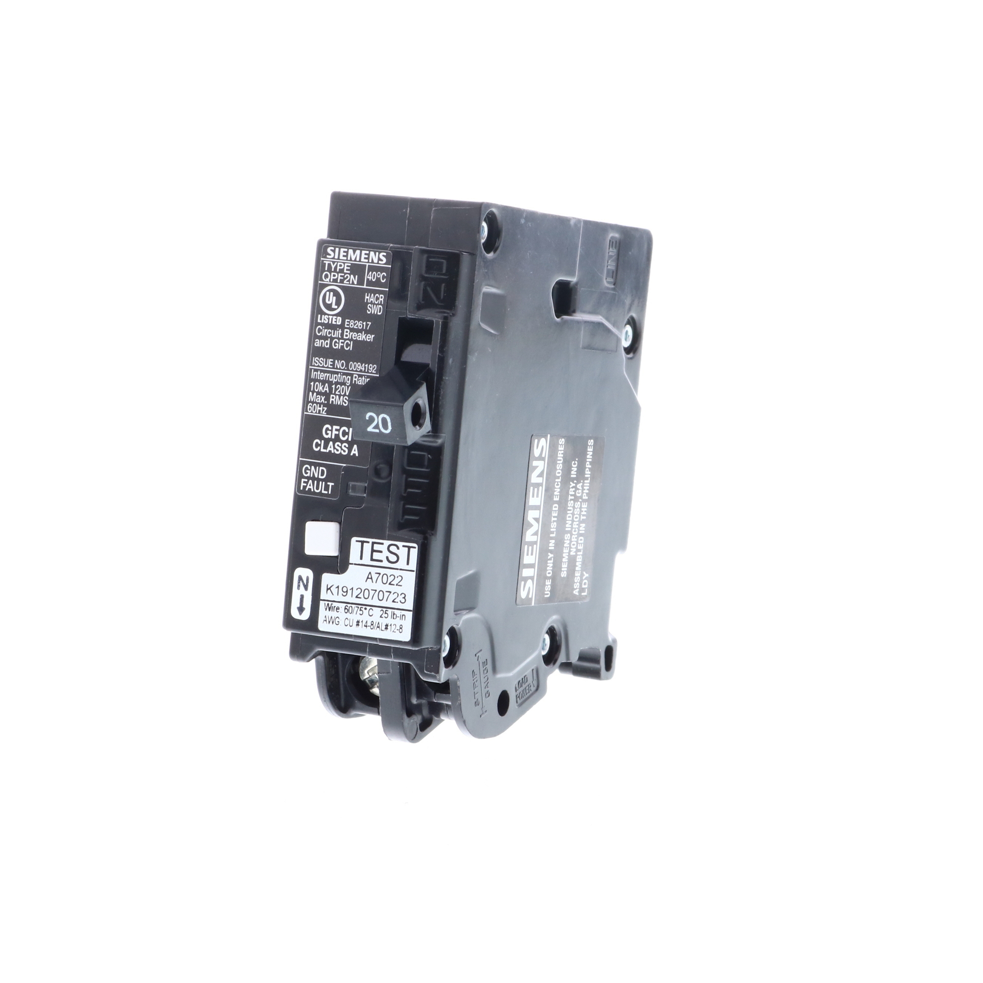  LOW VOLTAGE PLUG-IN CIRCUIT BREAKER. 20A 1-POLE (10kA AT 120V) PERSONELPROTECTION GROUND-FAULT CLASS 5mA TYPE QPF2N BREAKER.