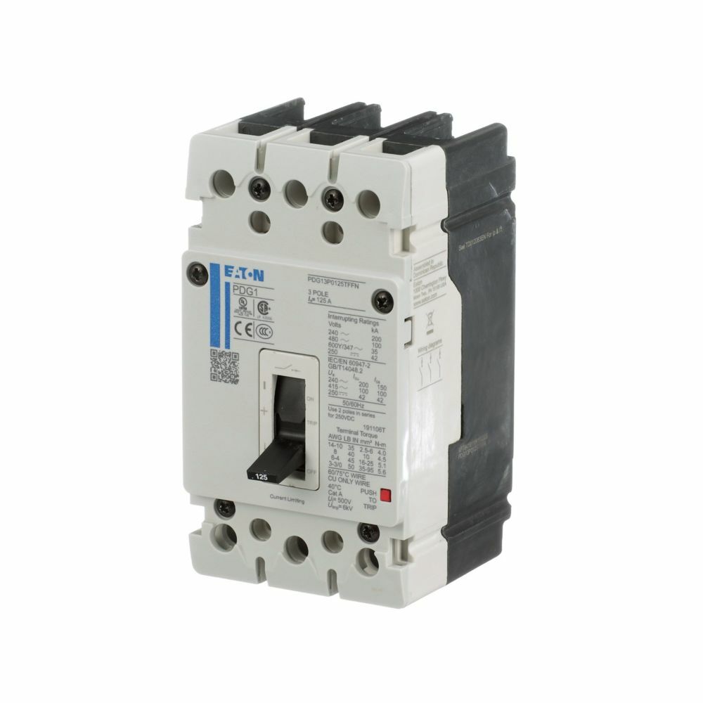Eaton Power Defense molded case circuit breaker, Globally Rated, Frame 1, Three Pole, 50A, 100kA/480V, T-M (Fxd-Fxd) TU, Standard Line and Load (PDG1X3T125)
