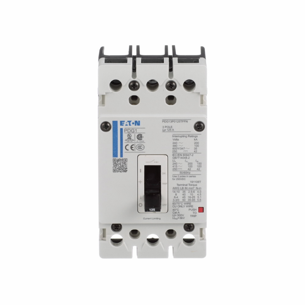 Eaton Power Defense molded case circuit breaker, Globally Rated, Frame 1, Three Pole, 45A, 100kA/480V, T-M (Fxd-Fxd) TU, Standard Line and Load (PDG1X3T125)