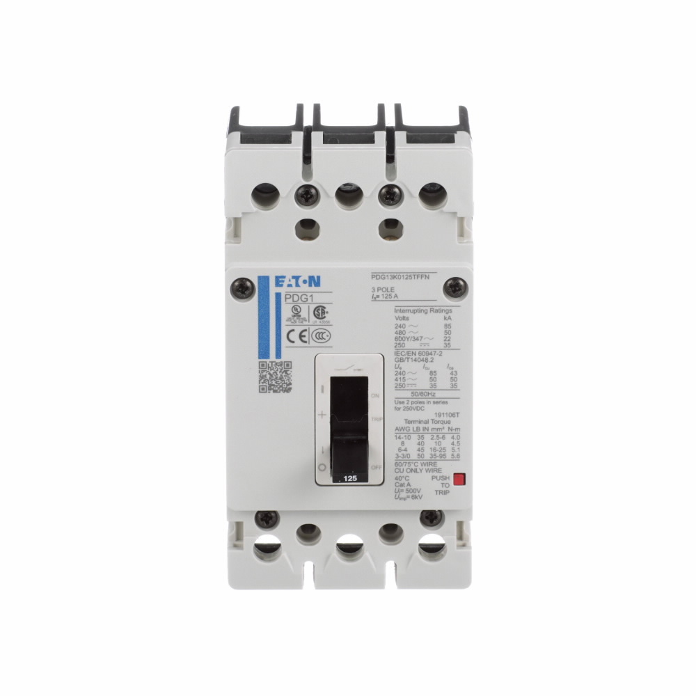 Eaton Power Defense molded case circuit breaker, Globally Rated, Frame 1, Three Pole, 25A, 18kA/480V, T-M (Fxd-Fxd) TU, Standard Line and Load (PDG1X3T125)