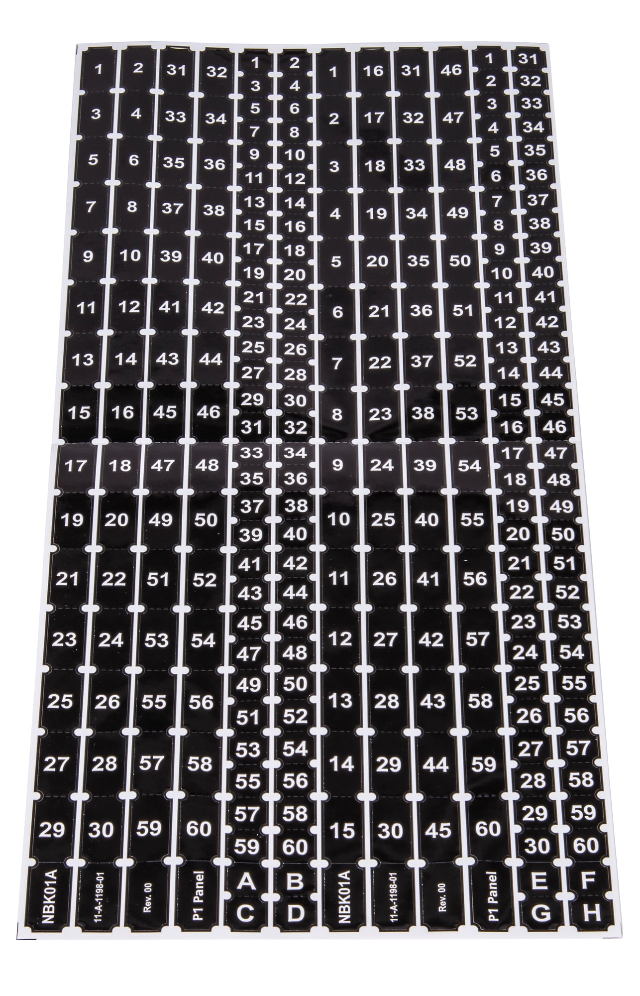 Stick-on 1 inch ( & ) 1/2 inch high numbers 1 thru 60. Used for P1 circuit numbering and other applications.
